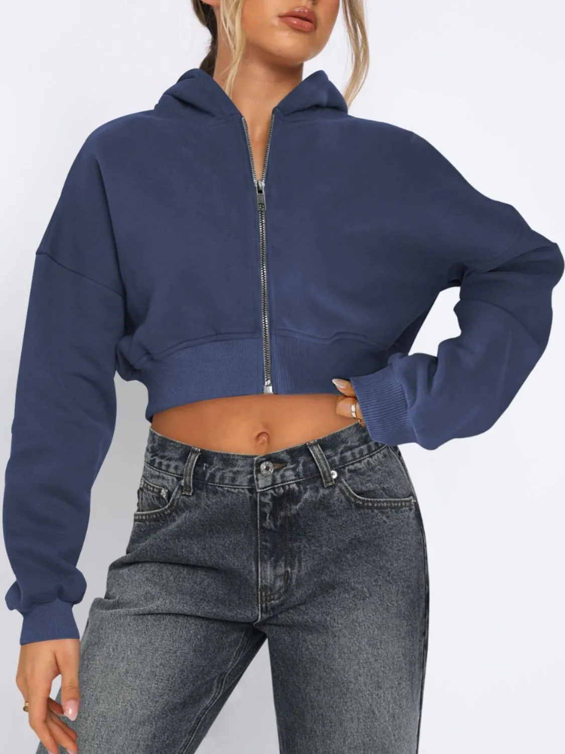 Zip-Up Long Sleeve Hooded Cropped Jacket