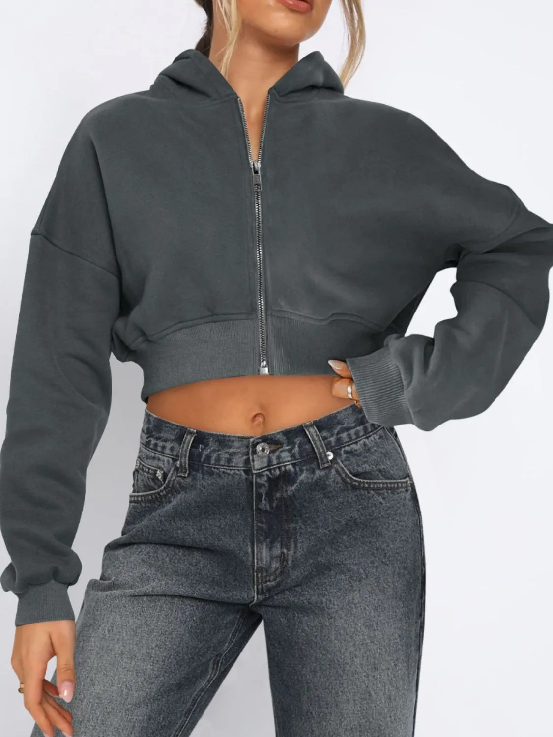 Zip-Up Long Sleeve Hooded Cropped Jacket