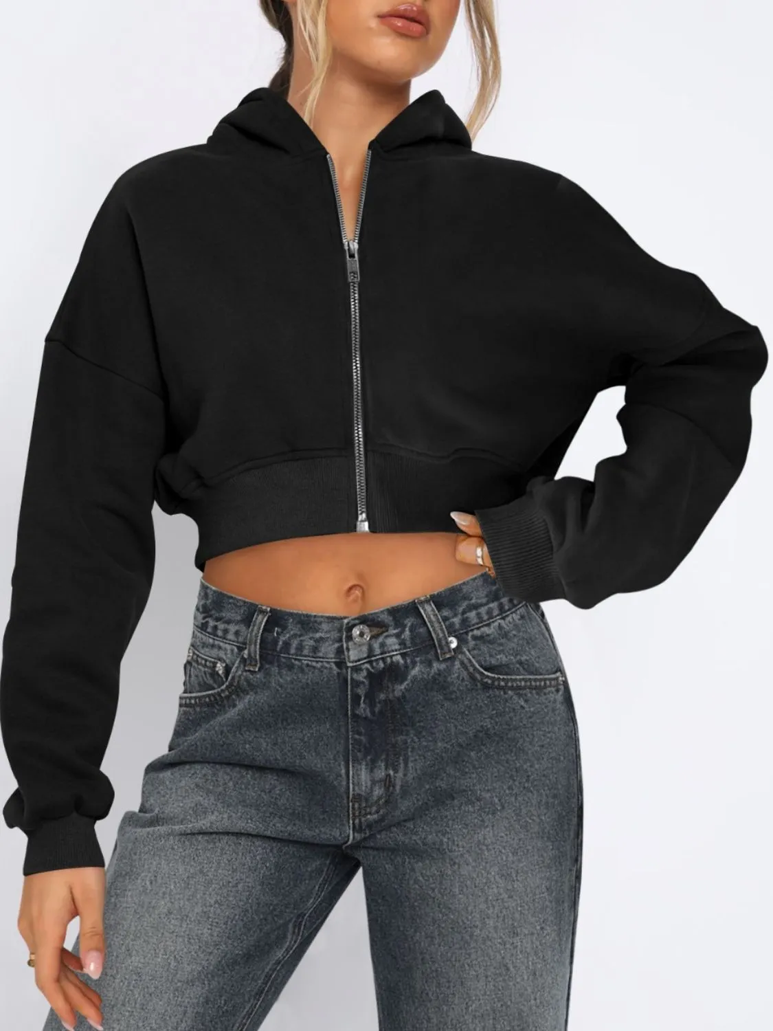 Zip-Up Long Sleeve Hooded Cropped Jacket