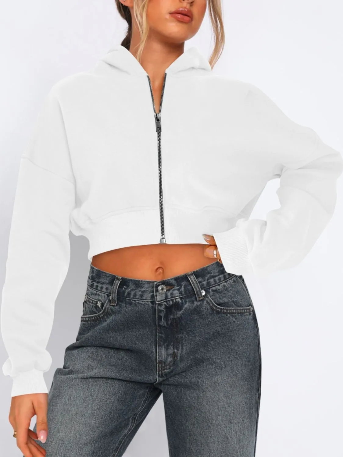 Zip-Up Long Sleeve Hooded Cropped Jacket