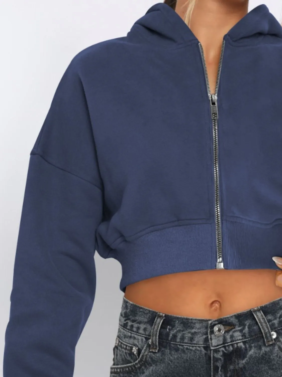 Zip-Up Long Sleeve Hooded Cropped Jacket