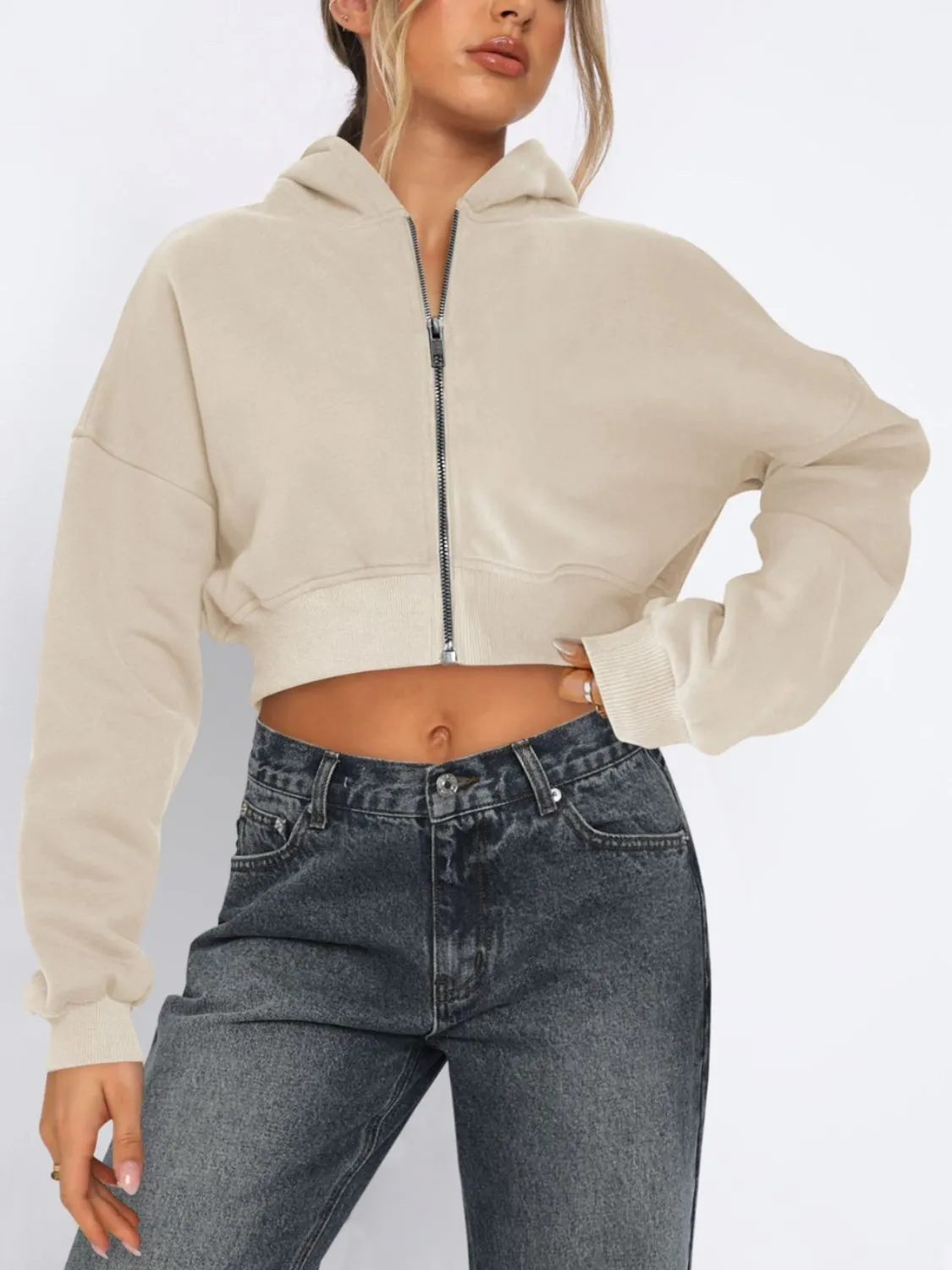 Zip-Up Long Sleeve Hooded Cropped Jacket