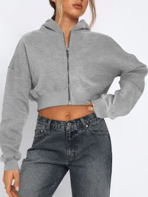 Zip-Up Long Sleeve Hooded Cropped Jacket