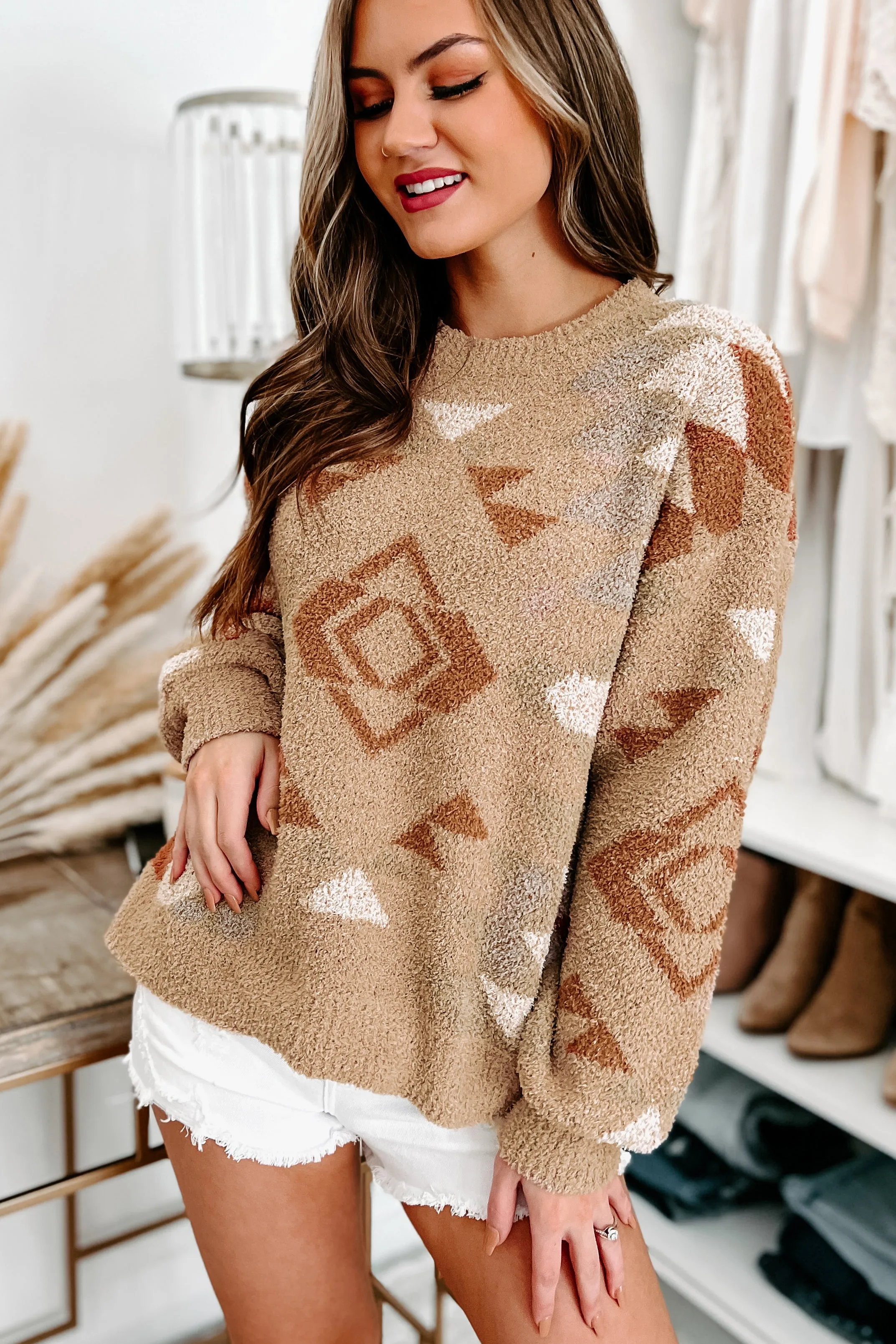 Zuma Fuzzy Aztec Print Sweater (Taupe)